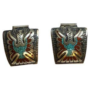 RARE Native American Thomas Singer Turquoise Coral Silver Watch Ends TIPS